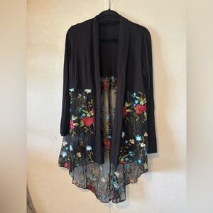 Cha-Cha | Floral Embroidered Black Sheer Cardigan | Size Medium